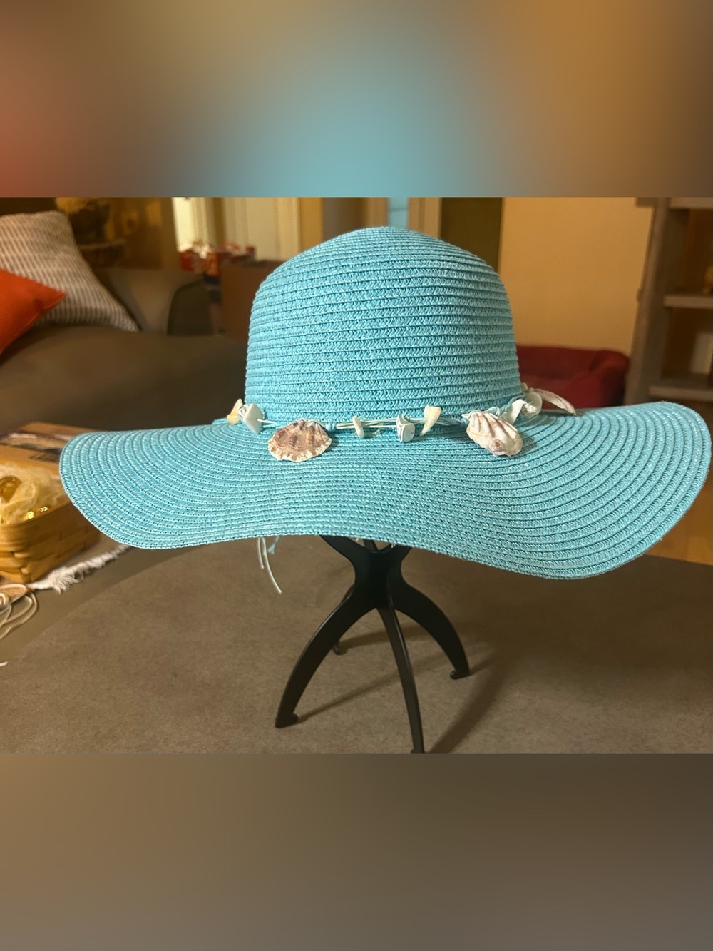 Women’s Light Turquoise Designer Sun Hat 4.5” Wide Brim w Seashell Accents Sz L